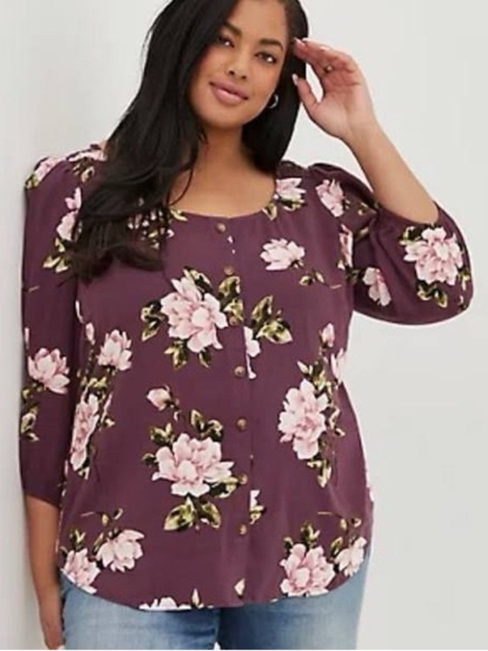 Torrid Mauve Floral Rayon Slub Button Down Top 2x